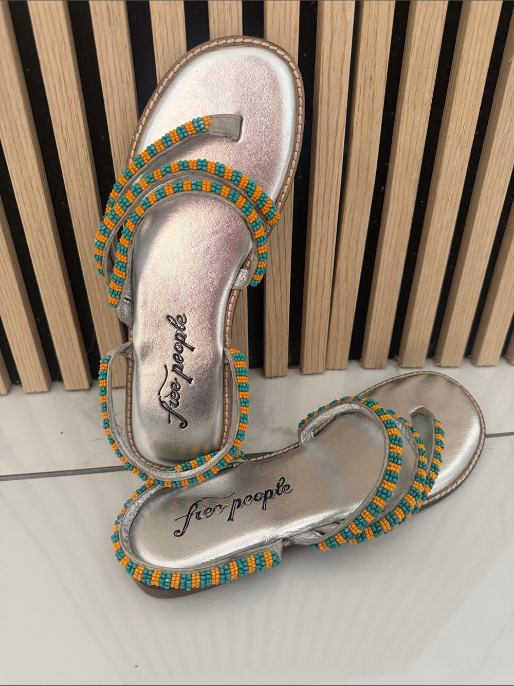 Free People Silver Sandals with Teal & Orange Bead Trim